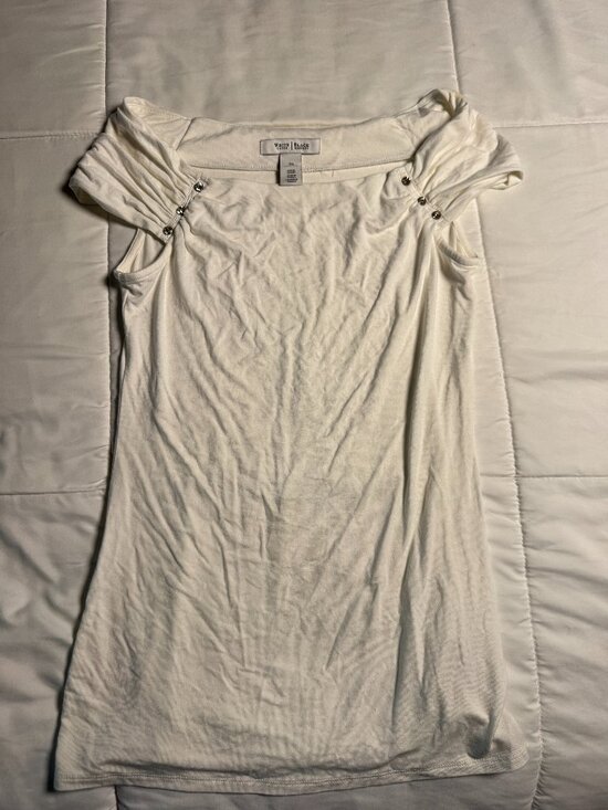 White House Black Market Tops - White House Black Market White Ruched Rhinestone Cap Sleeve Top Blouse - XS